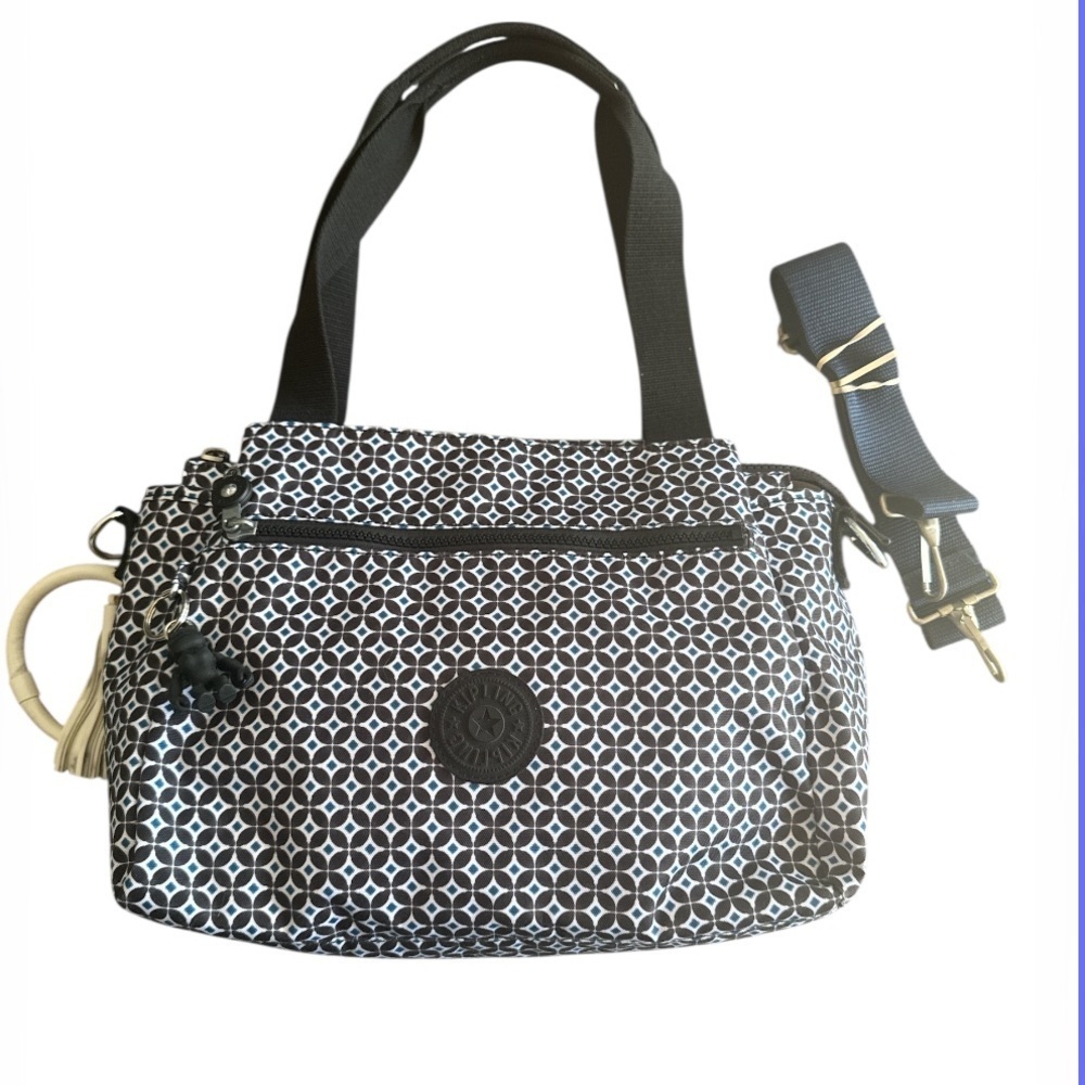 Kipling Black Multi Geo Print Shoulder or Crossbody Nylon Bag with Monkey Charm